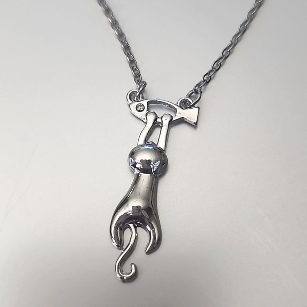 Hang In there Kitty Beautiful Cat on A Fish Necklace